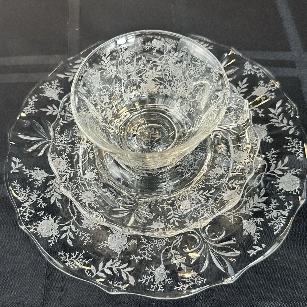 Vintage Fostoria Chintz Trio Set • Etched Glass Cup Saucer Plate • Baroque Blank